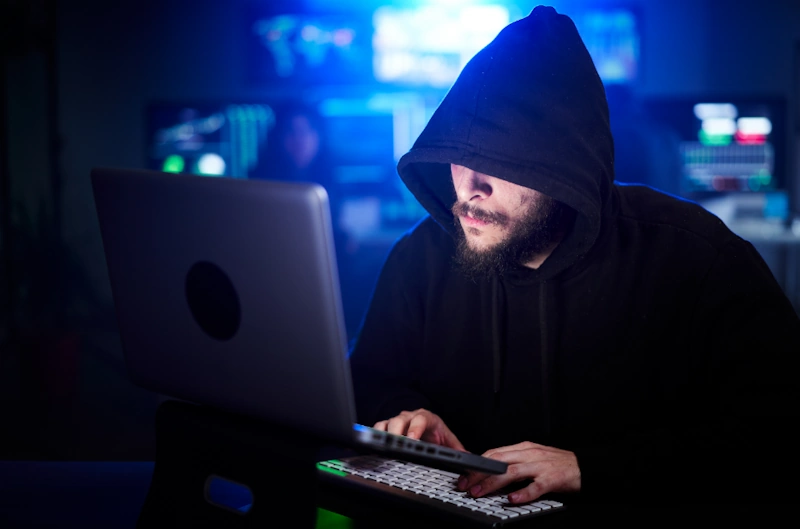 hidden hacker in sweatshirt and hoodie hacking security systems