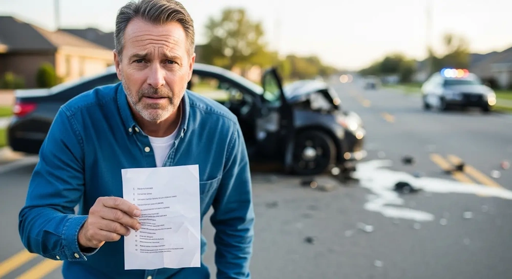 Personal injury lawyer case scenario with a man documenting damage after a car accident