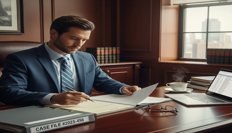 A personal injury lawyer reviews a case on his desk, with a laptop and coffee nearby.