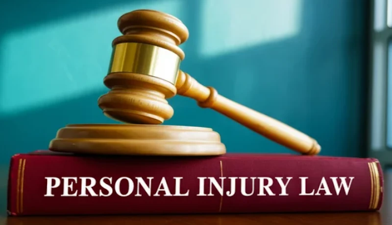 A judge’s wooden gavel resting on top of a big red book with the words “Personal Injury Law” written on it.