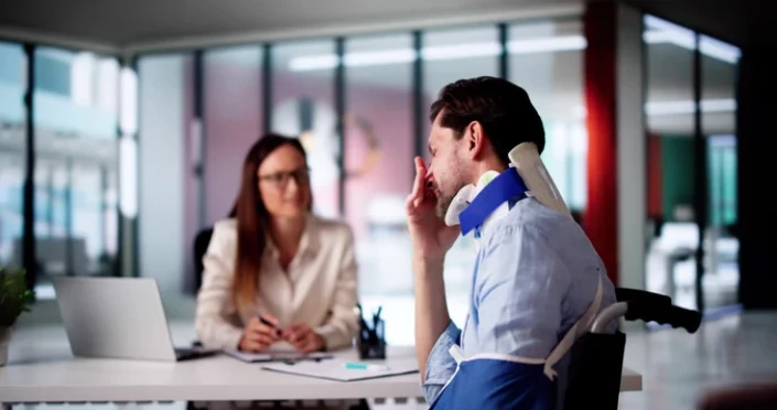 A man with a neck brace and arm sling meets with a woman lawyer in an office. They are discussing a personal injury case, with the lawyer taking notes and a laptop on the desk.