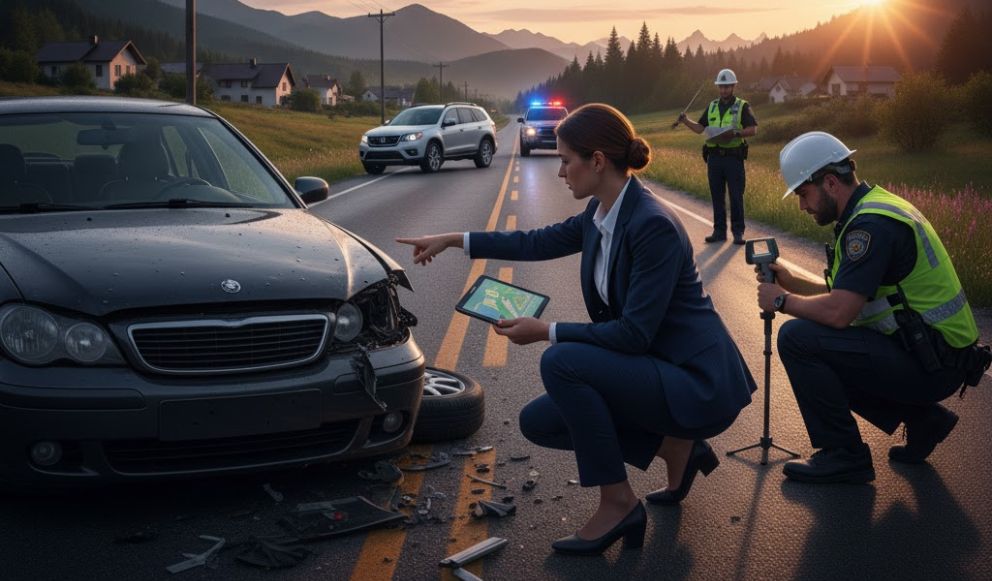 A car accident scene on a road with a damaged car, a Car Accident Lawyer with a tablet, and two men documenting the incident