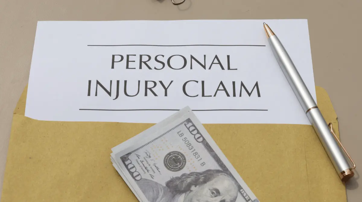 A personal injury claim document resting on a manila envelope with a silver pen and a stack of hundred-dollar bills, illustrating the financial recovery process of how negligence works in an accident.