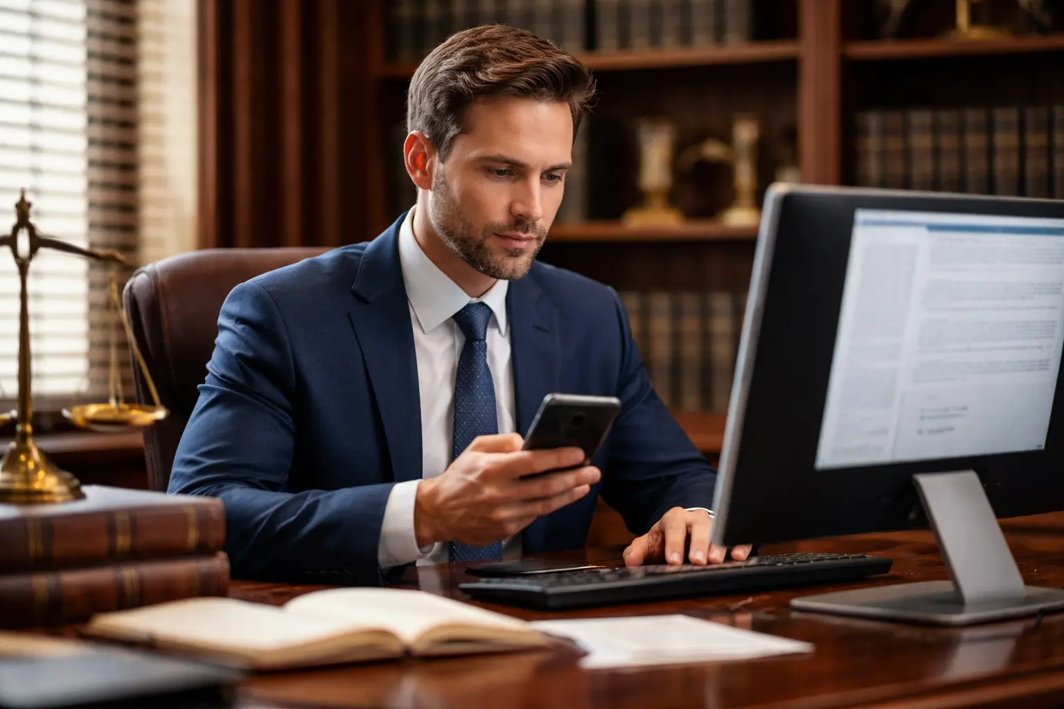 An attorney in a suit using a smartphone and desktop computer to manage law firm marketing SEO in a traditional office.